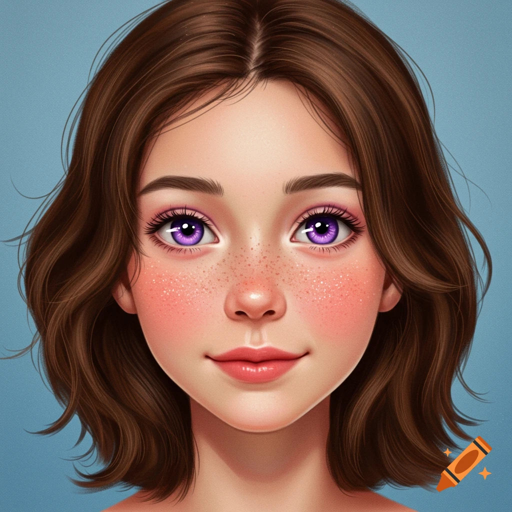 Close-up of a young girl with brown hair, freckles, and bright purple eyes against a blue background.