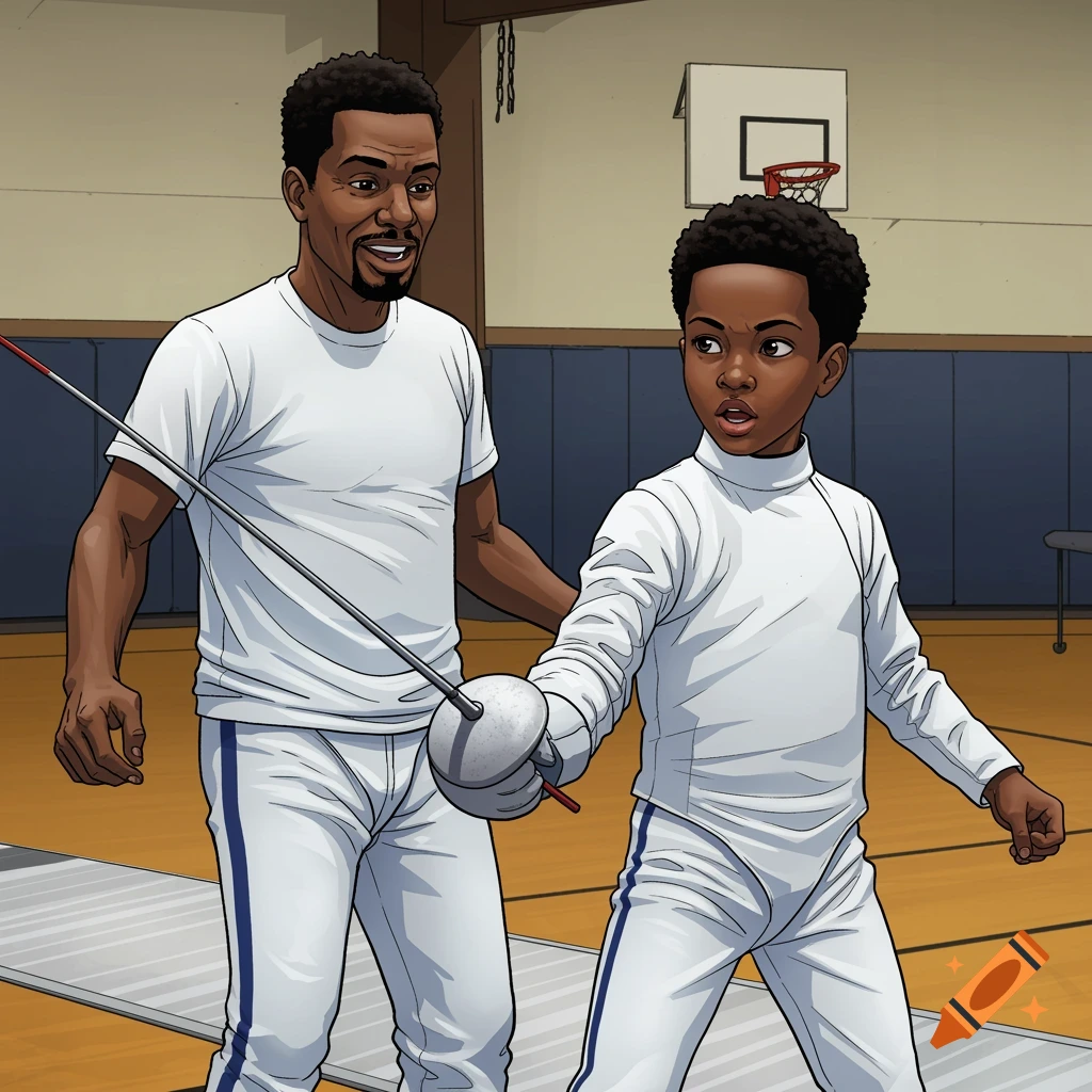 Coach teaches young boy fencing in a gym, comic book style.