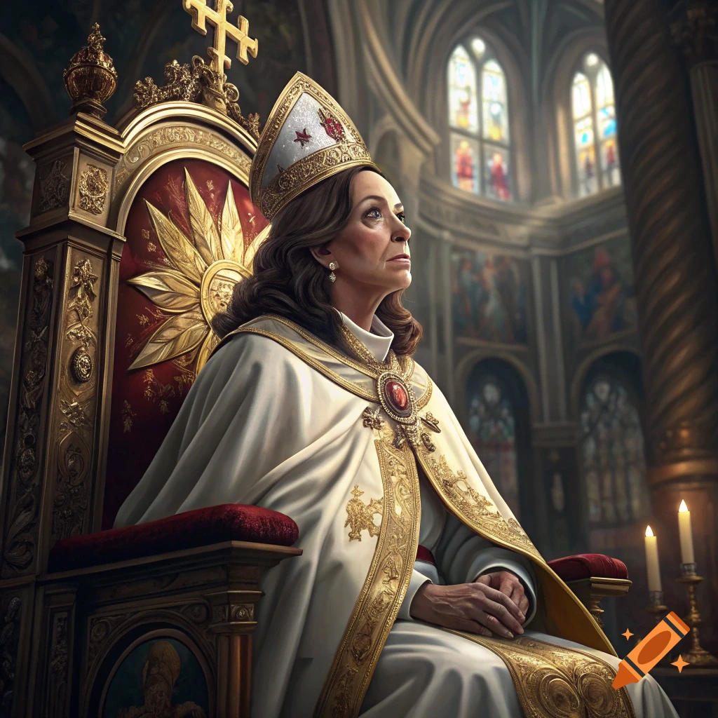 A woman wearing a white pontifical robe and mitre sits on an ornate golden throne in a cathedral.