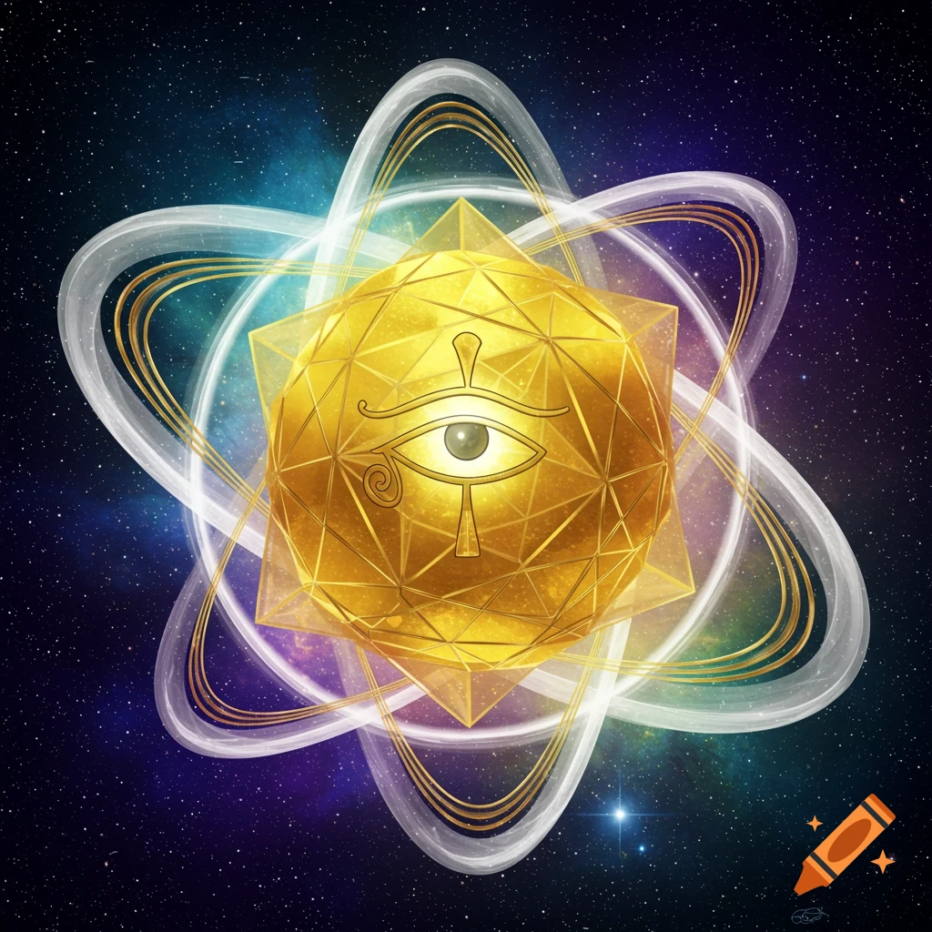 Golden geometric star with Eye of Ra symbol against cosmic background, digital art.