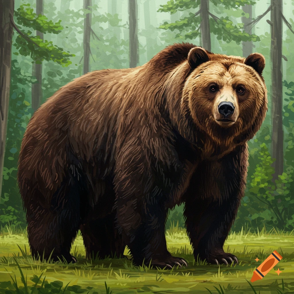 A large brown bear stands in a forest clearing.