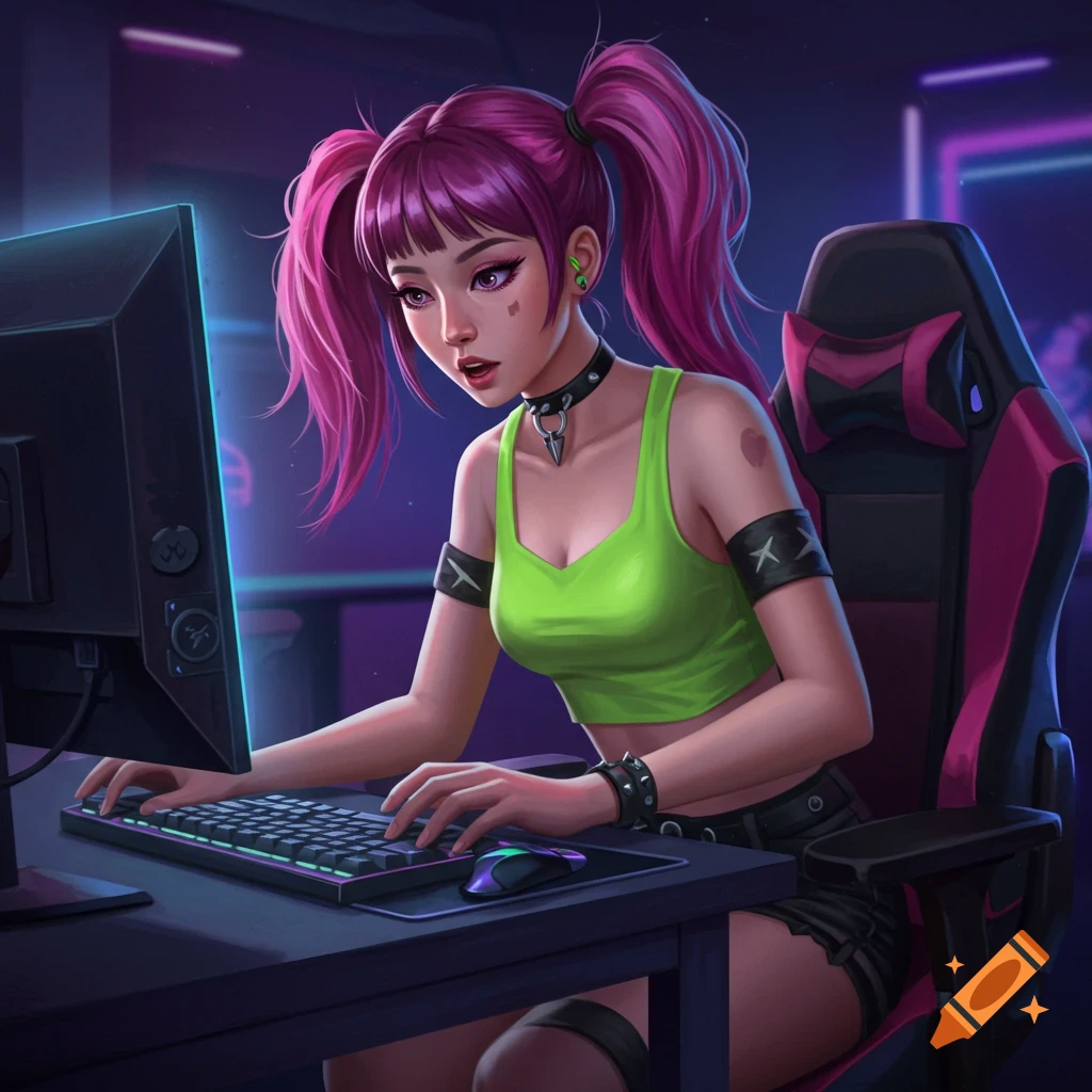 A girl with pink pigtails is gaming at a computer.