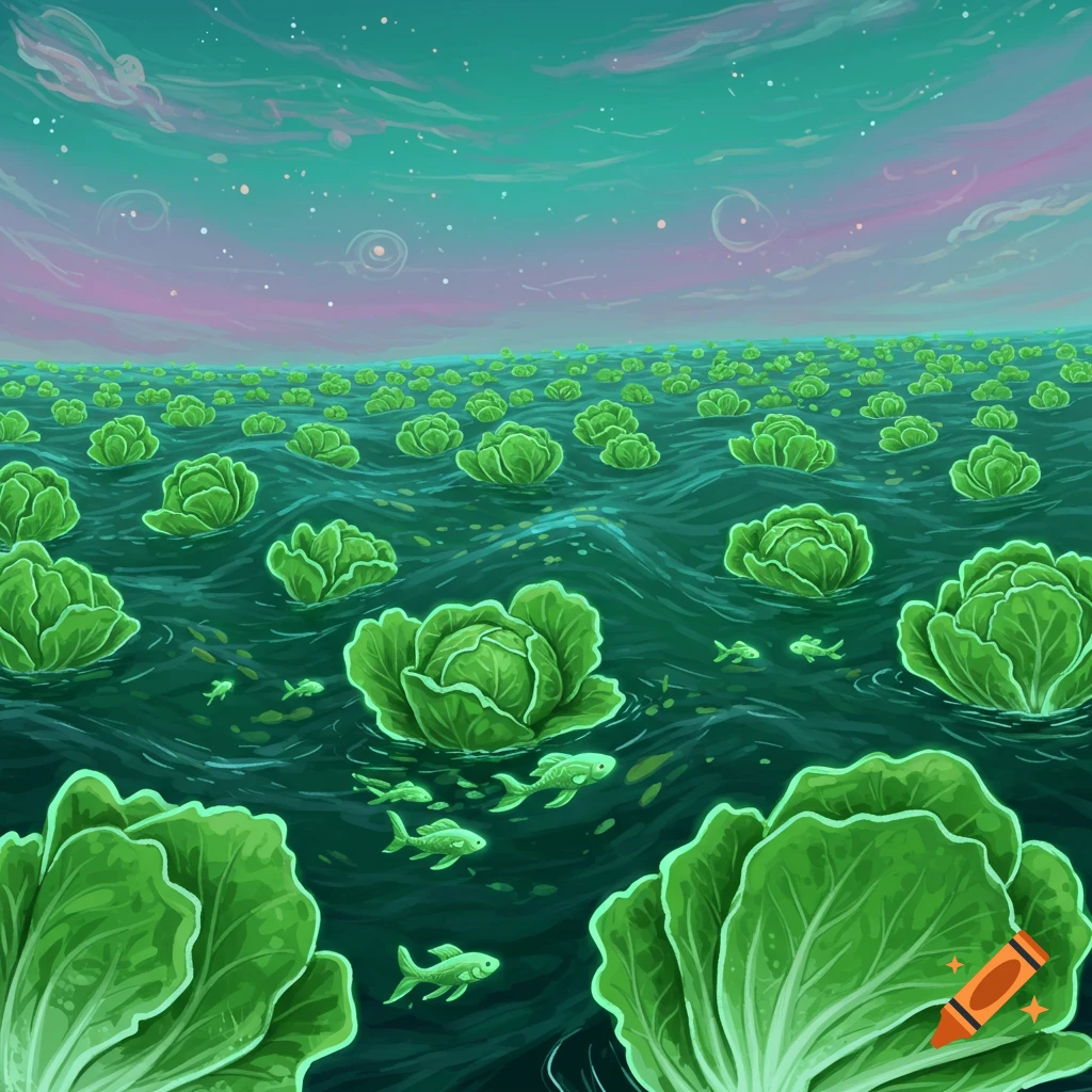 A sea filled with large floating lettuce heads and glowing green fish under a surreal sky.