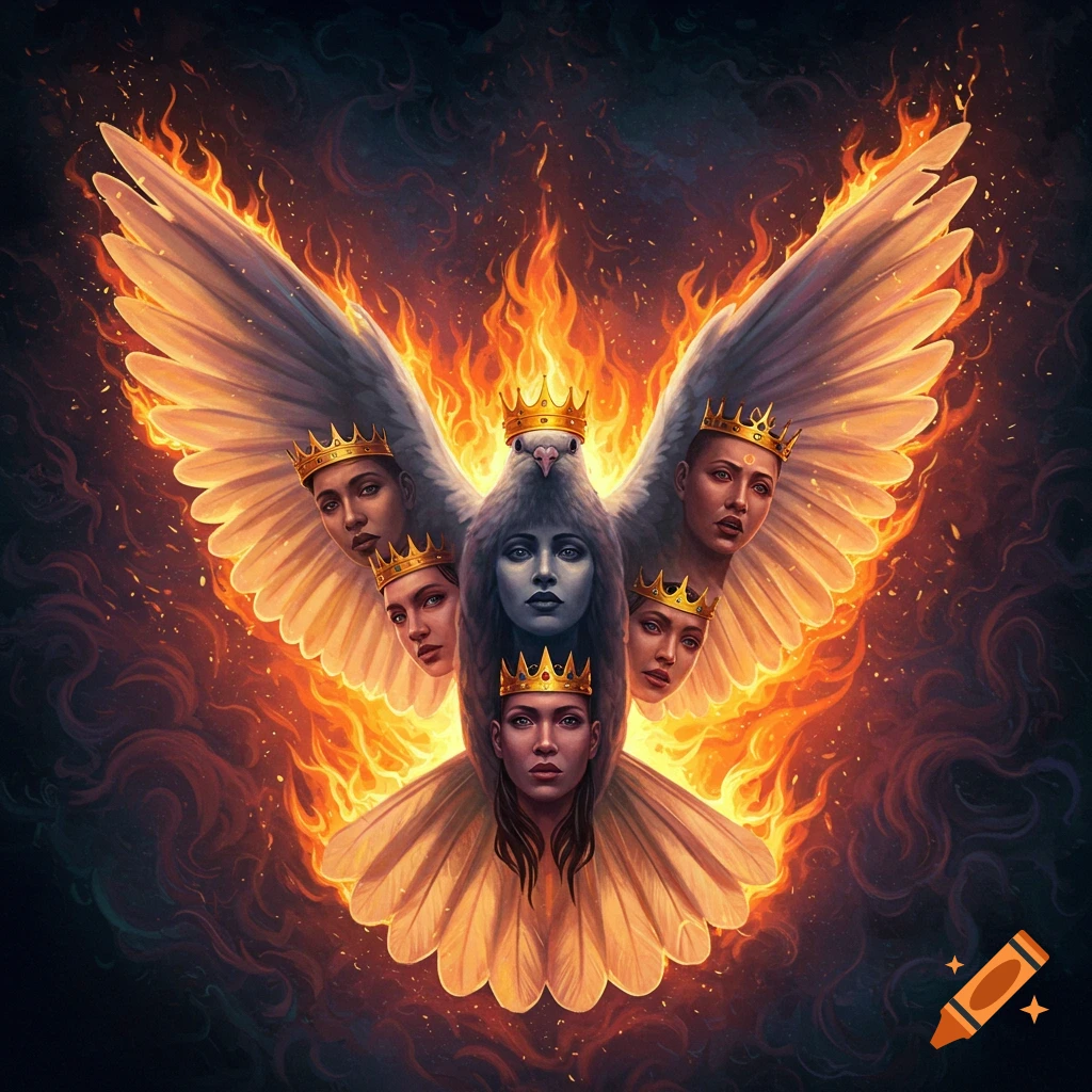 An image of a dove-like creature with wings aflame, featuring multiple human faces with crowns emerging from its body.