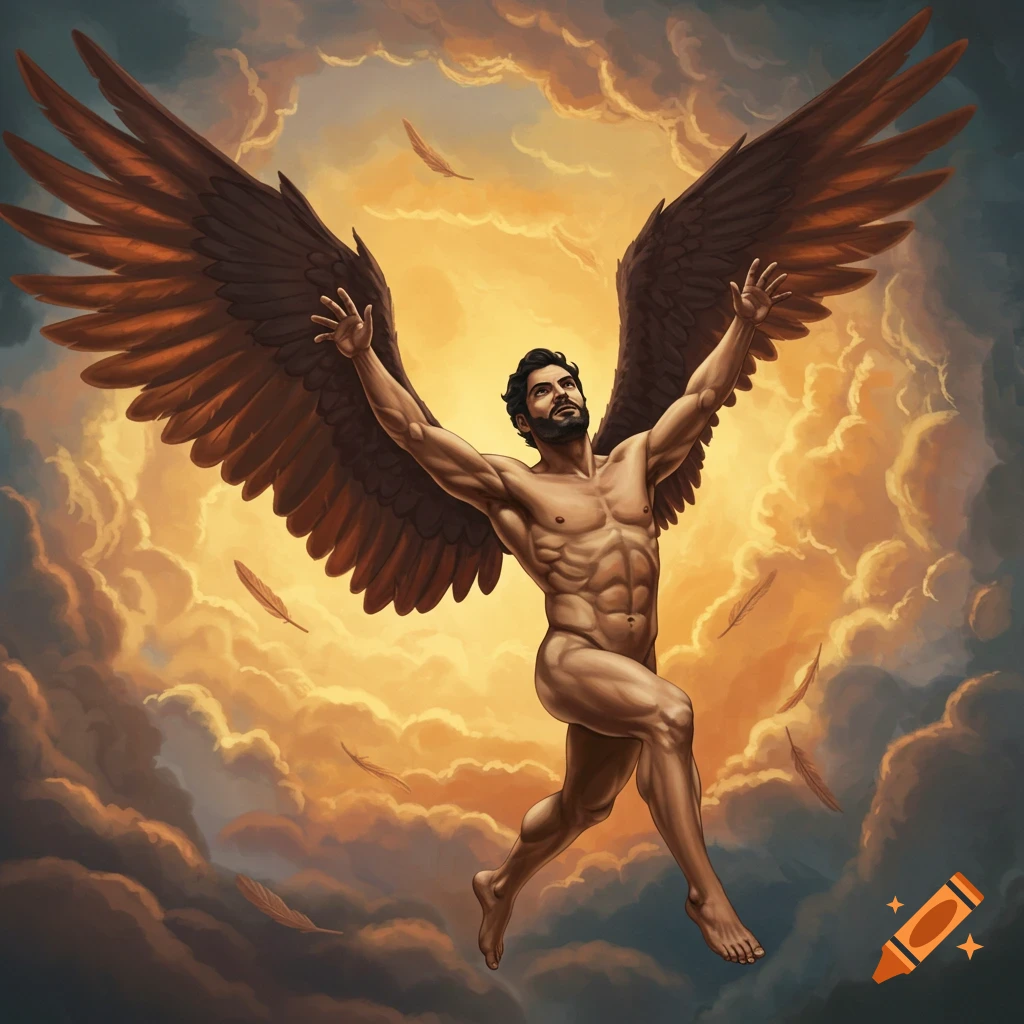 Muscular winged figure falling through clouds, shedding feathers, looking up.