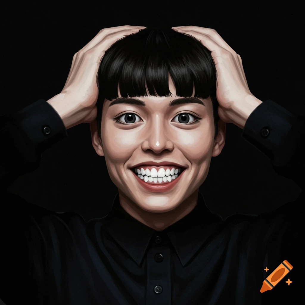 A person with a bowl cut and wide smile, hands on their head, against a black background.