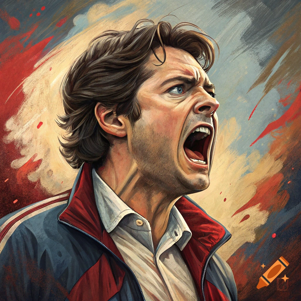 Painting of a man shouting loudly in profile, wearing a jacket and shirt, with a red and grey abstract background.