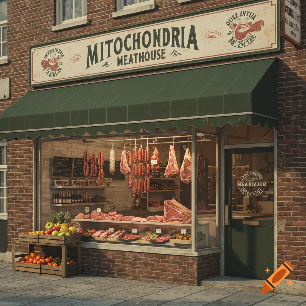 Photorealistic image of a butcher shop storefront labeled 'Mitochondria Meathouse' with meat and produce on display.