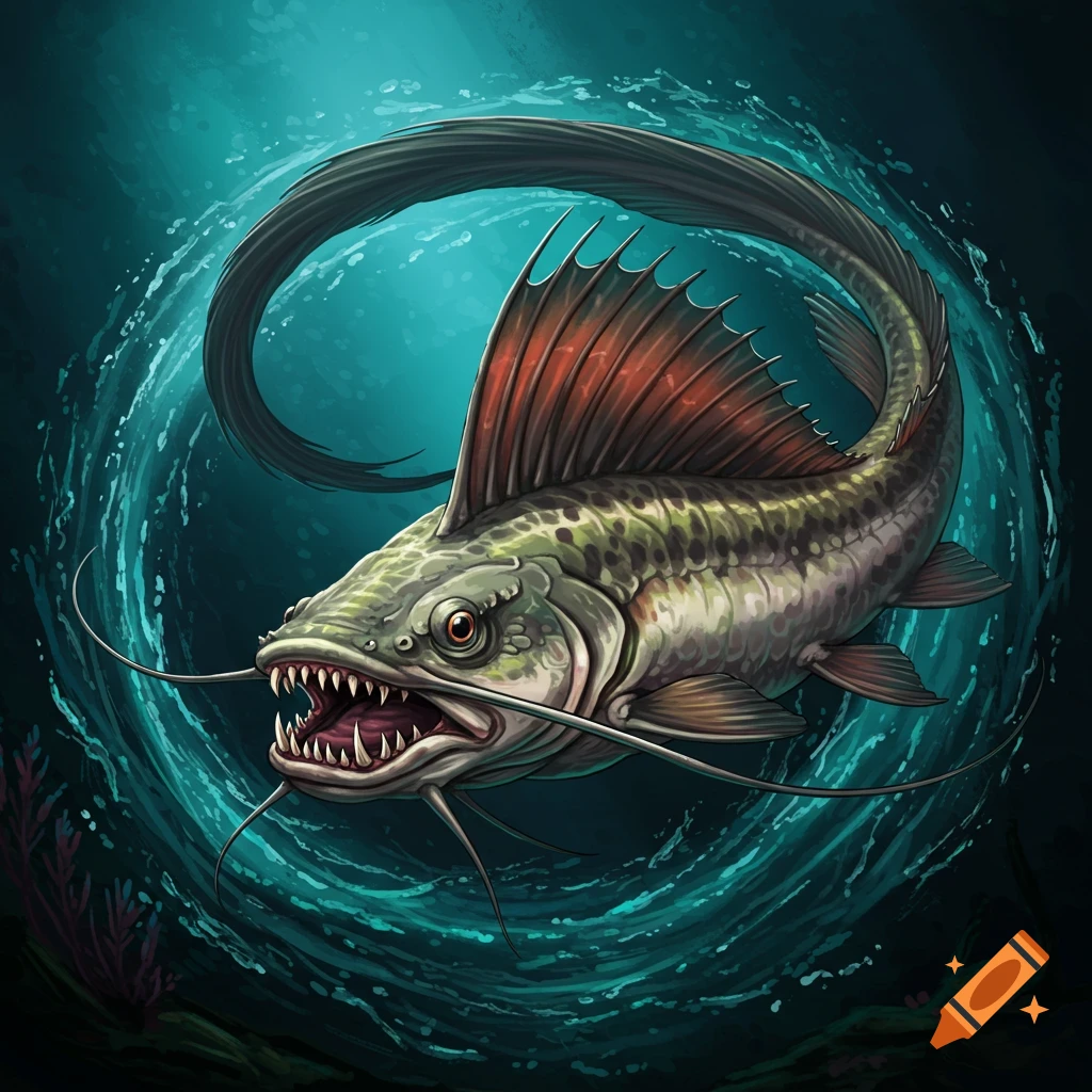 A menacing Gafftopsail Catfish with a large fin swimming in swirling water.