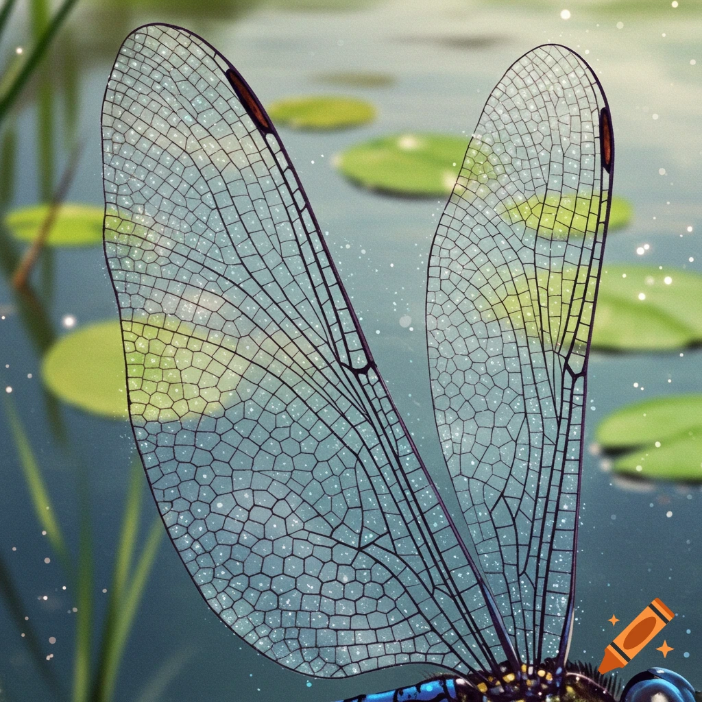 Close-up of translucent dragonfly wings over a pond with lily pads.