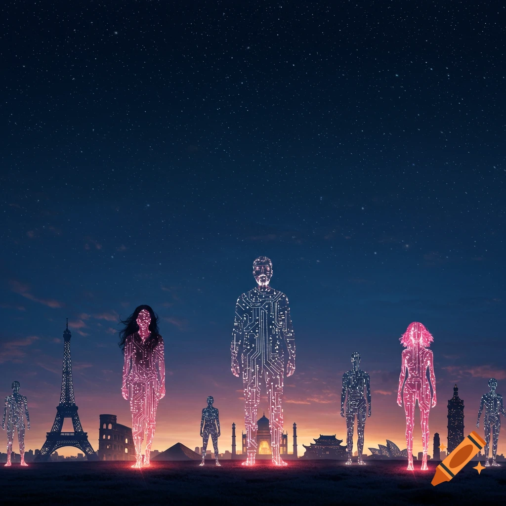 Digital circuit figures stand before a global city skyline at night under stars.