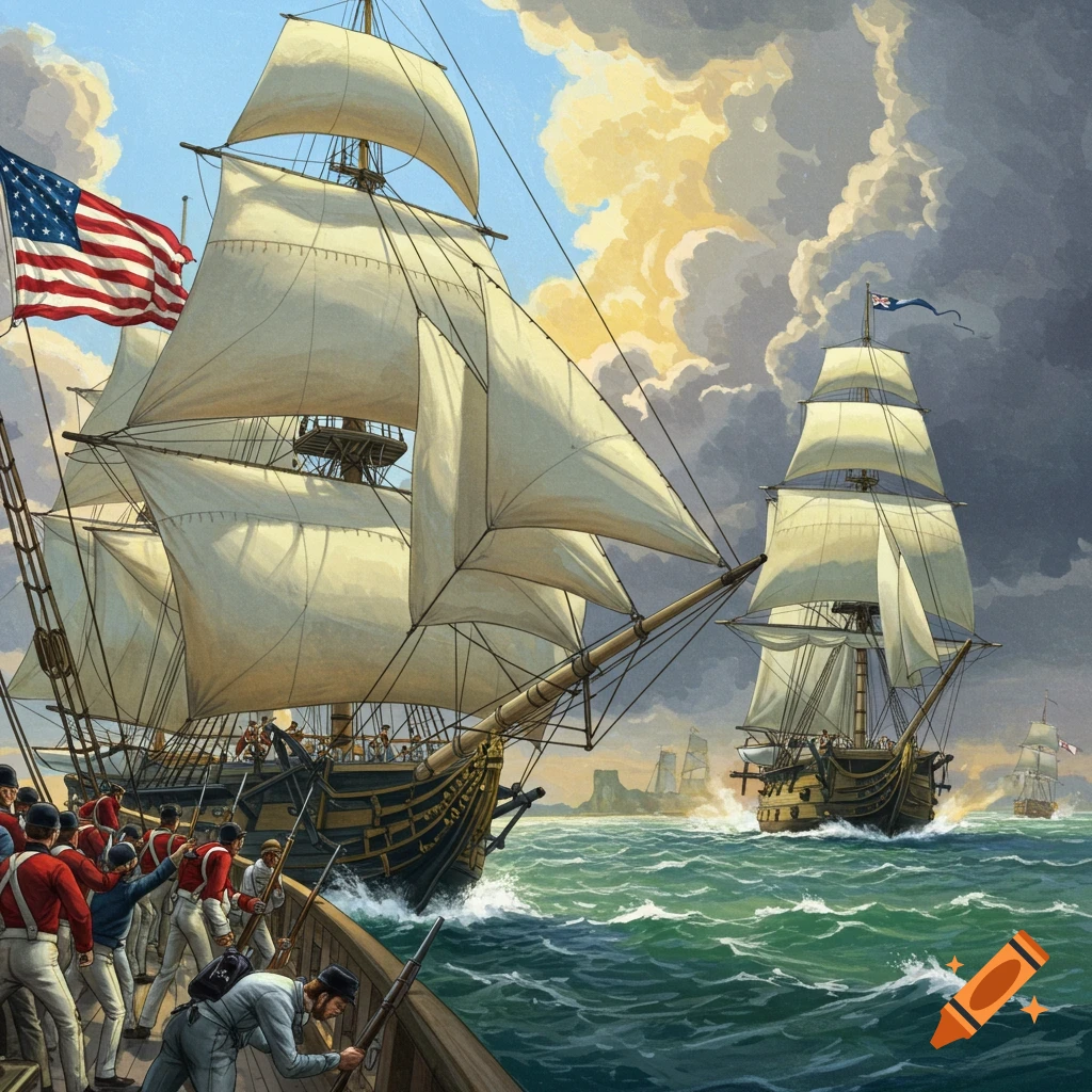 Artistic illustration of a naval battle with an American frigate in the foreground and British ships.