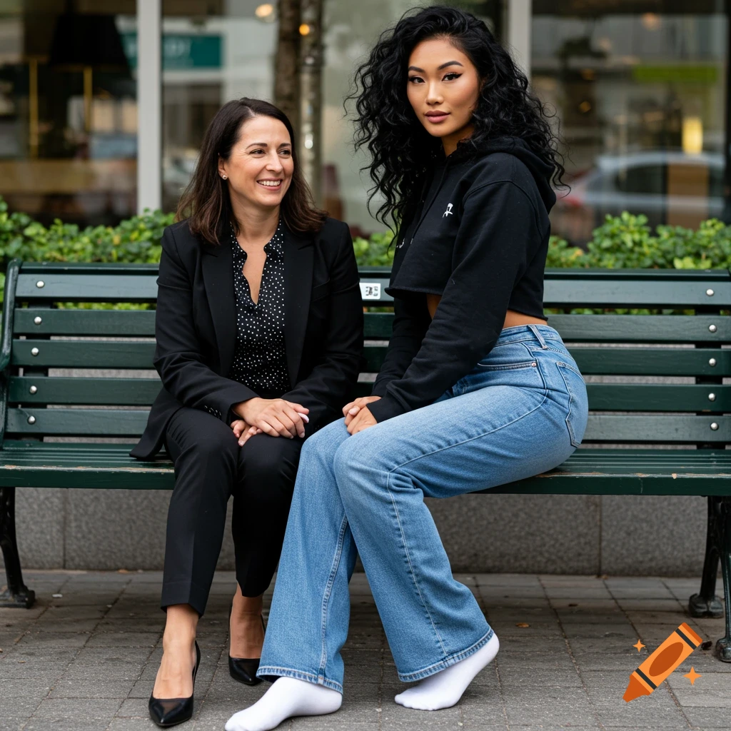 Two women sit on a park bench, one in a suit, the other in a cropped hoodie and jeans.