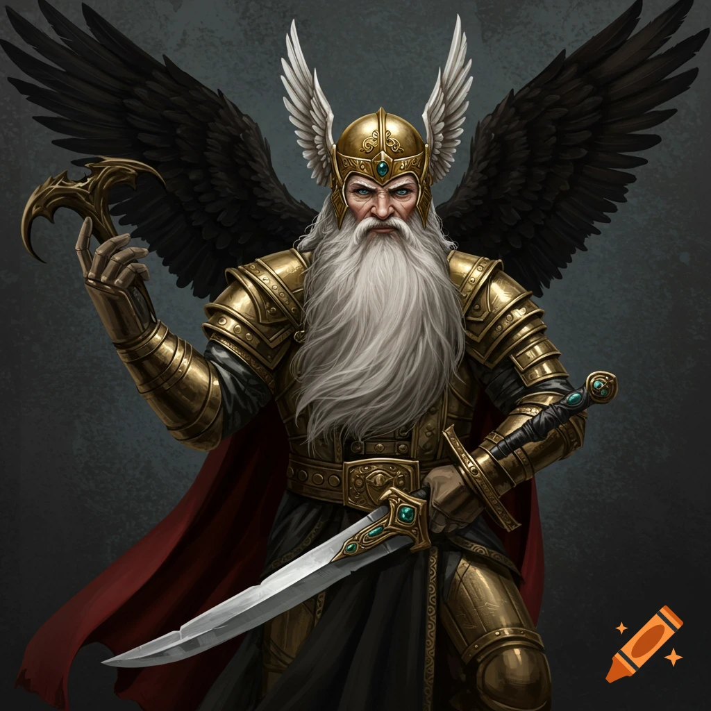 A heavily armored figure resembling Odin, holding a sword and a bird-like object, with large black wings.
