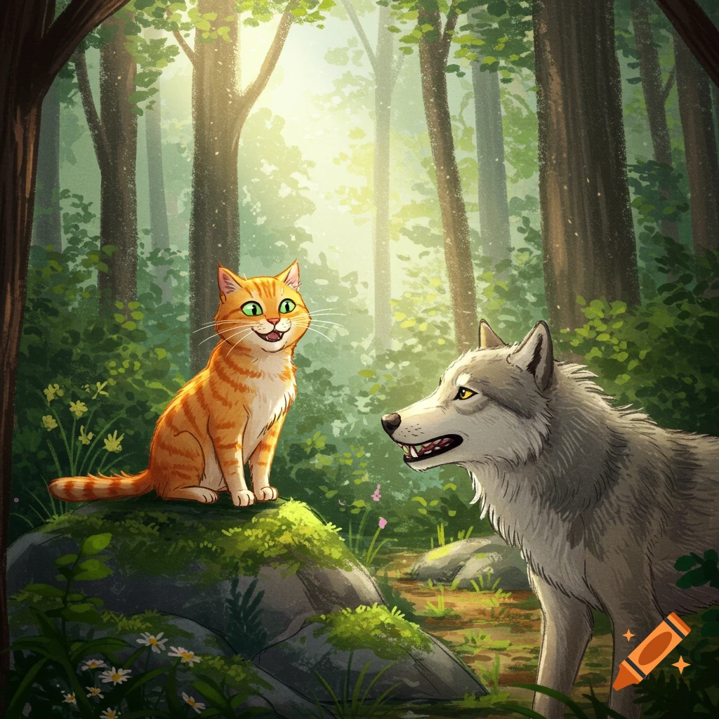 An orange cat talks to a grey wolf in a sunlit forest, drawn in a color pencil style.