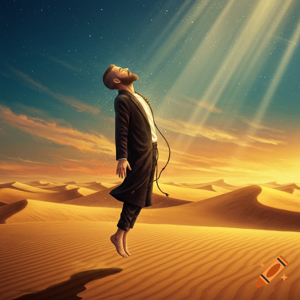 A man levitates above sand dunes under a starry sky with sunbeams.