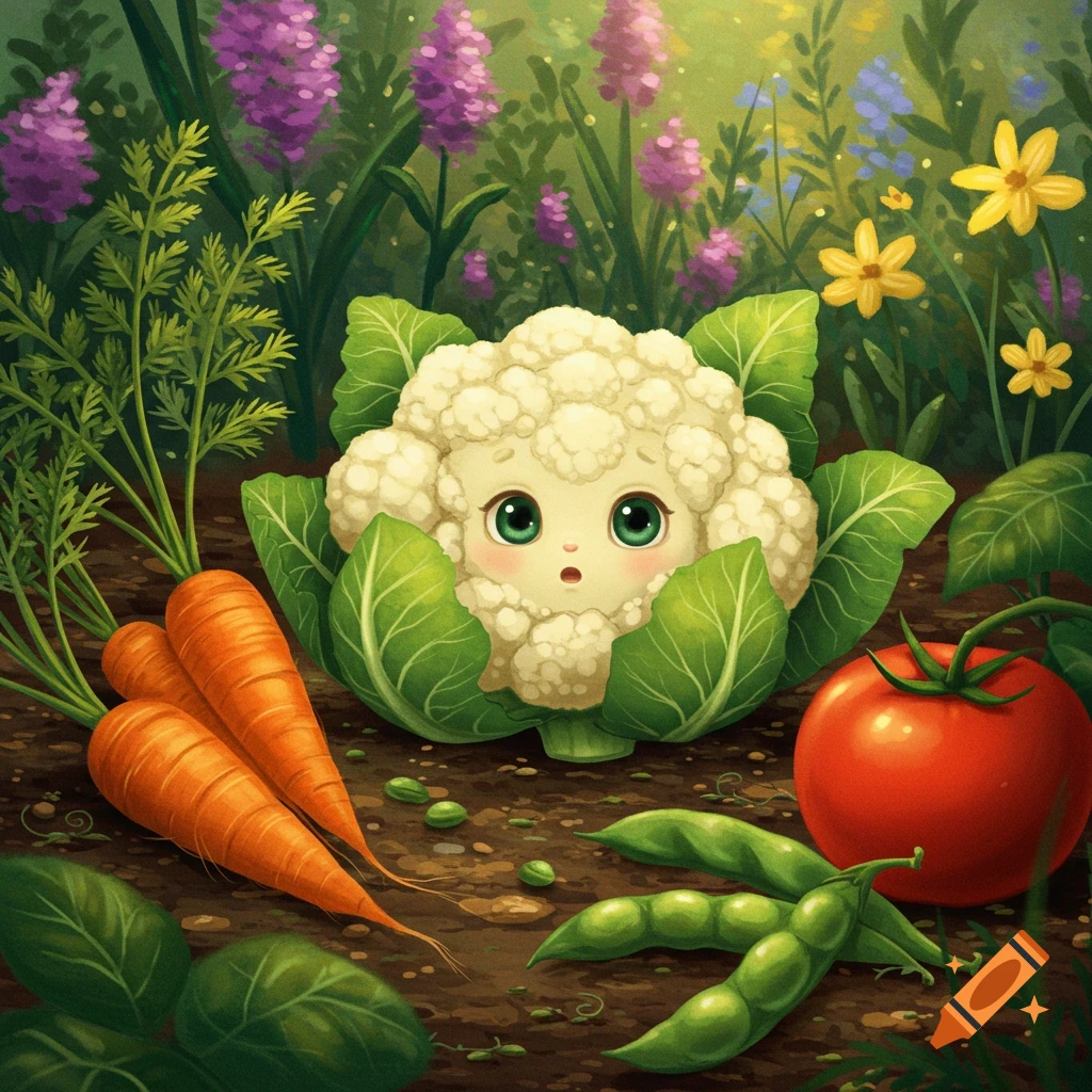 A cute cartoon cauliflower with a face looks surprised in a garden among carrots, peas, a tomato, and flowers.
