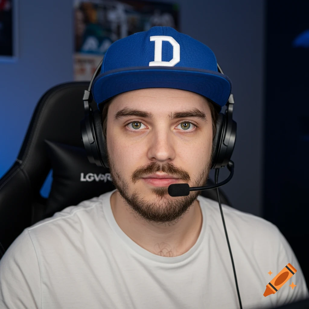 A portrait of a man wearing headphones and a blue hat with a white 'D', sitting in a gaming chair.