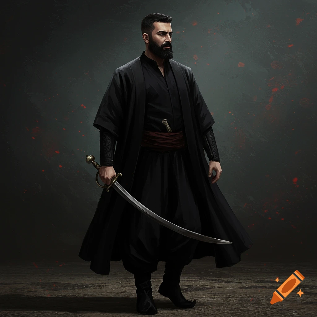 A man in traditional black clothing holds a curved sword in a dark, mysterious setting.