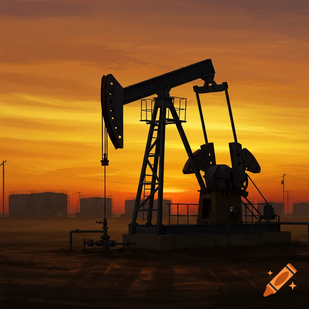 An oil pumpjack and tanks at sunset.