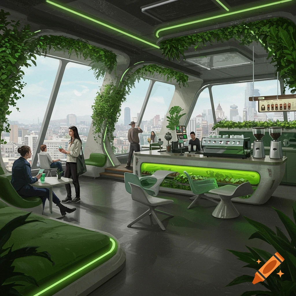 A futuristic, green coffee shop with large windows overlooking a city, showing people sitting and at the counter.