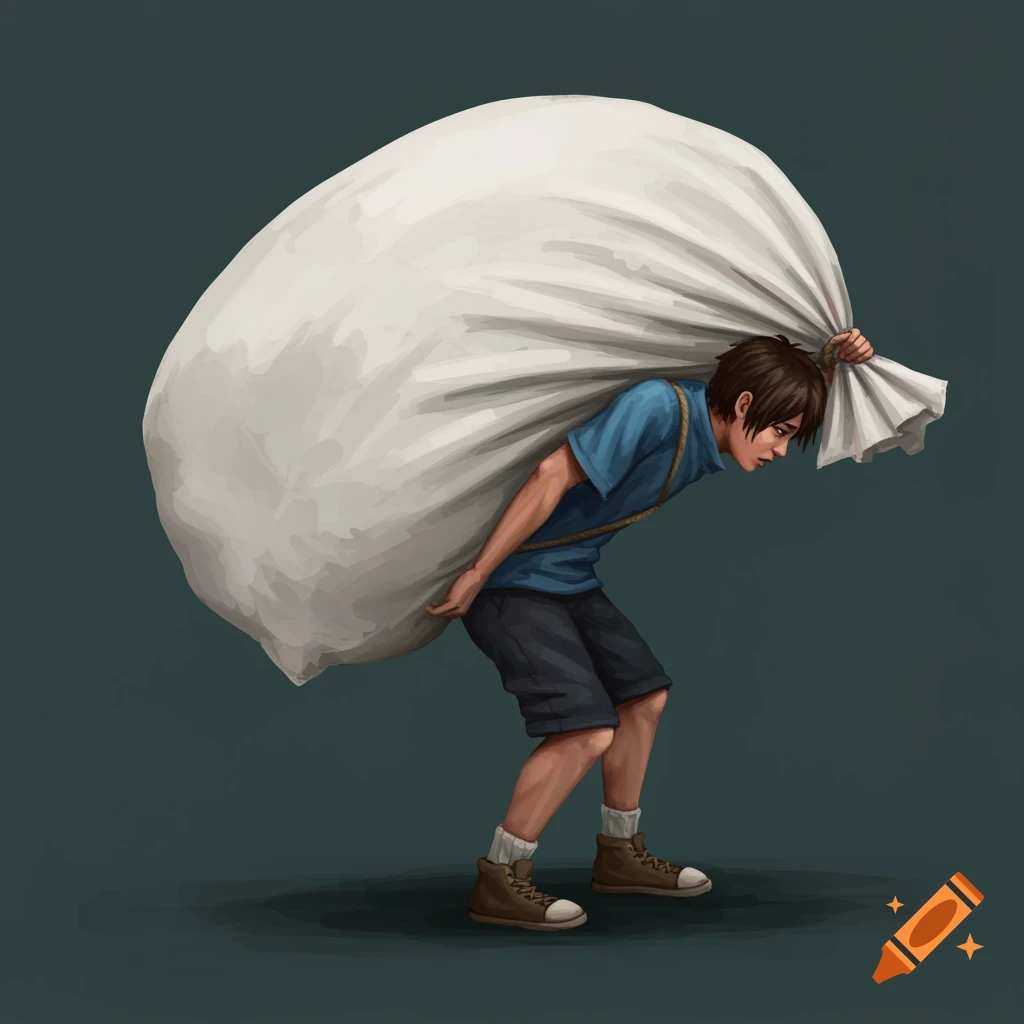 A young person struggles to carry a giant white sack on their back.