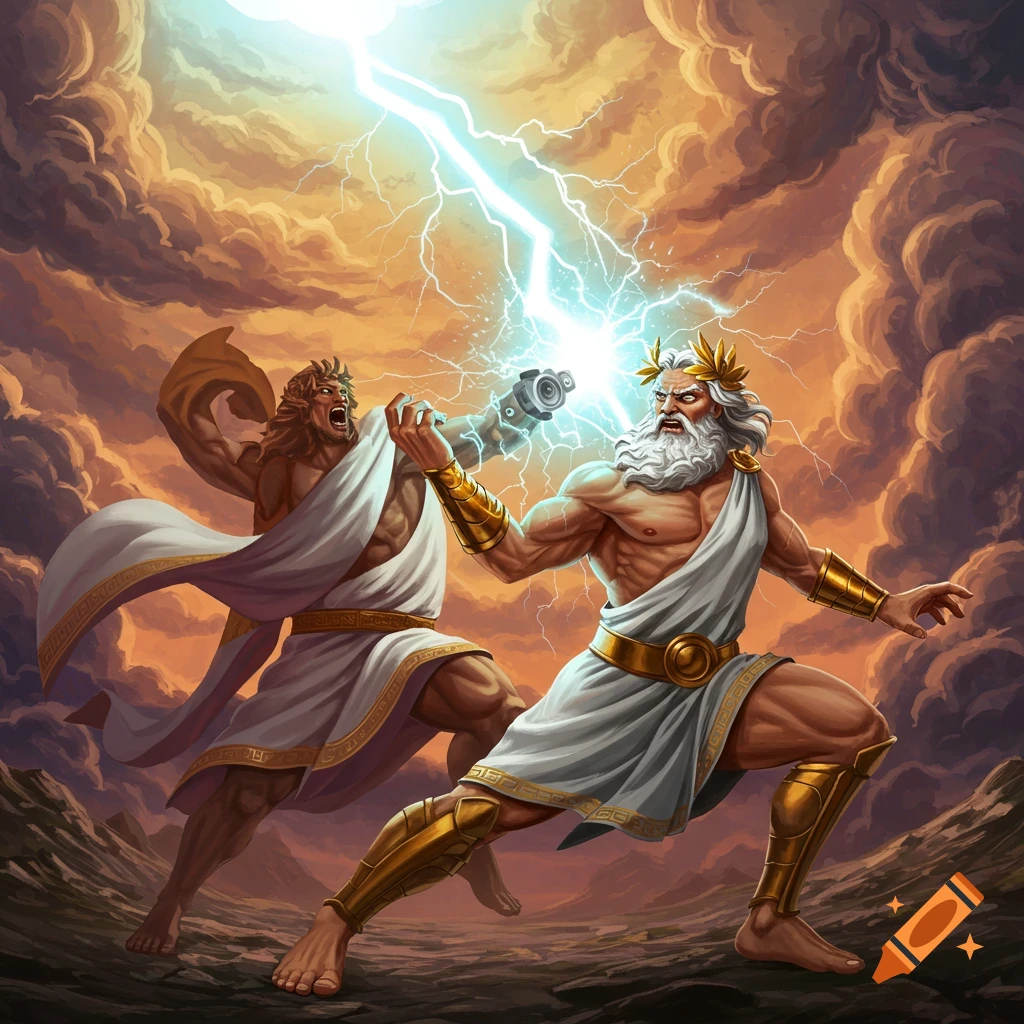 Zeus striking a 360 camera with lightning, battling another figure amidst stormy clouds.