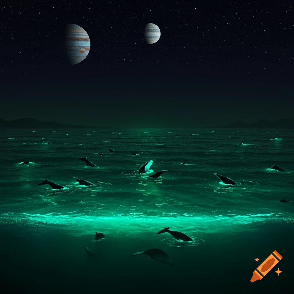 Whales in a glowing ocean under a dark, star-filled sky with Jupiter.