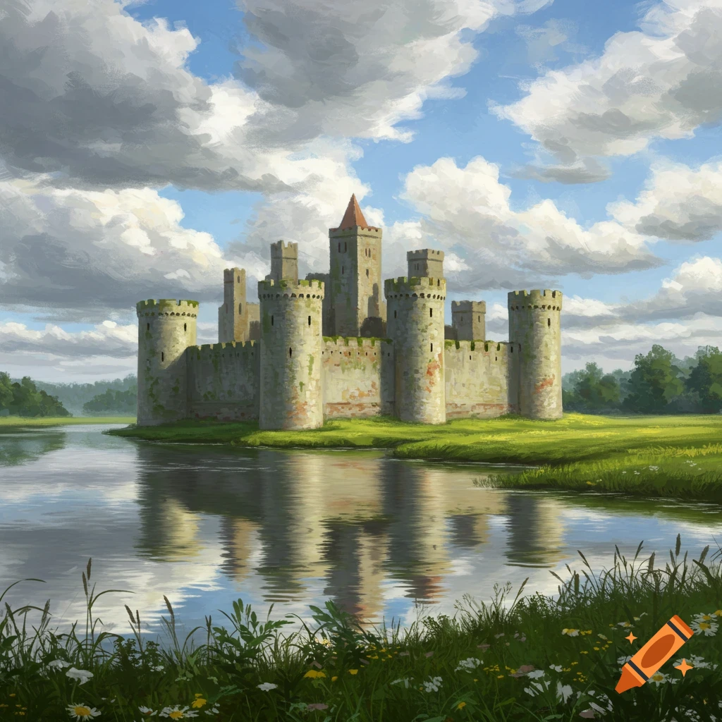 A castle stands on a river island, surrounded by green grass, trees, and flowers under a cloudy sky.