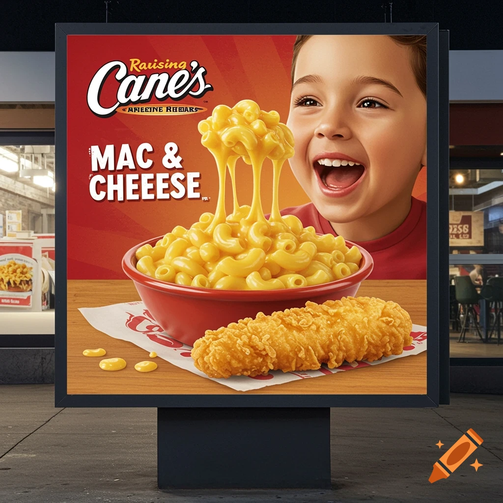 A billboard advertisement featuring a happy child, a bowl of mac and cheese, and a chicken finger, with text 'Raising Cane's MAC & CHEESE'.