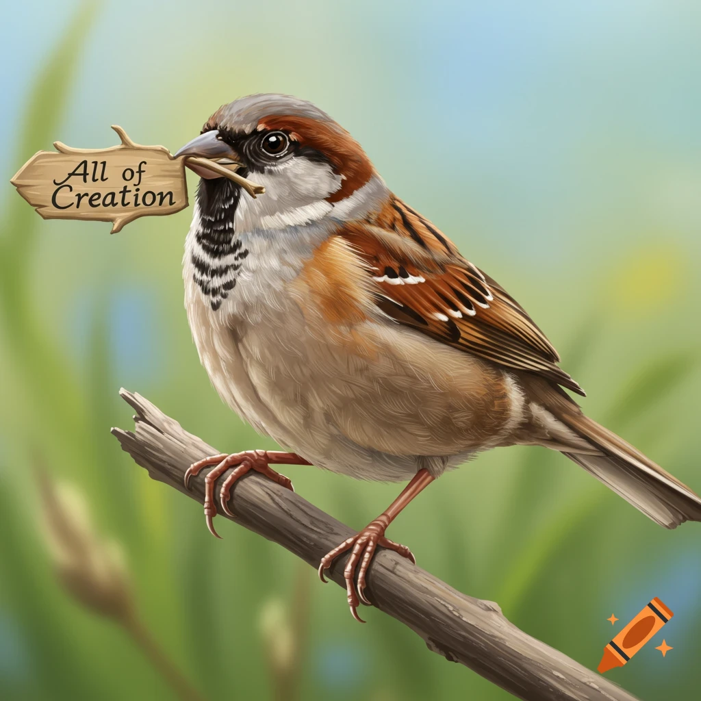 A sparrow holding a sign with 'All of Creation' in its beak.