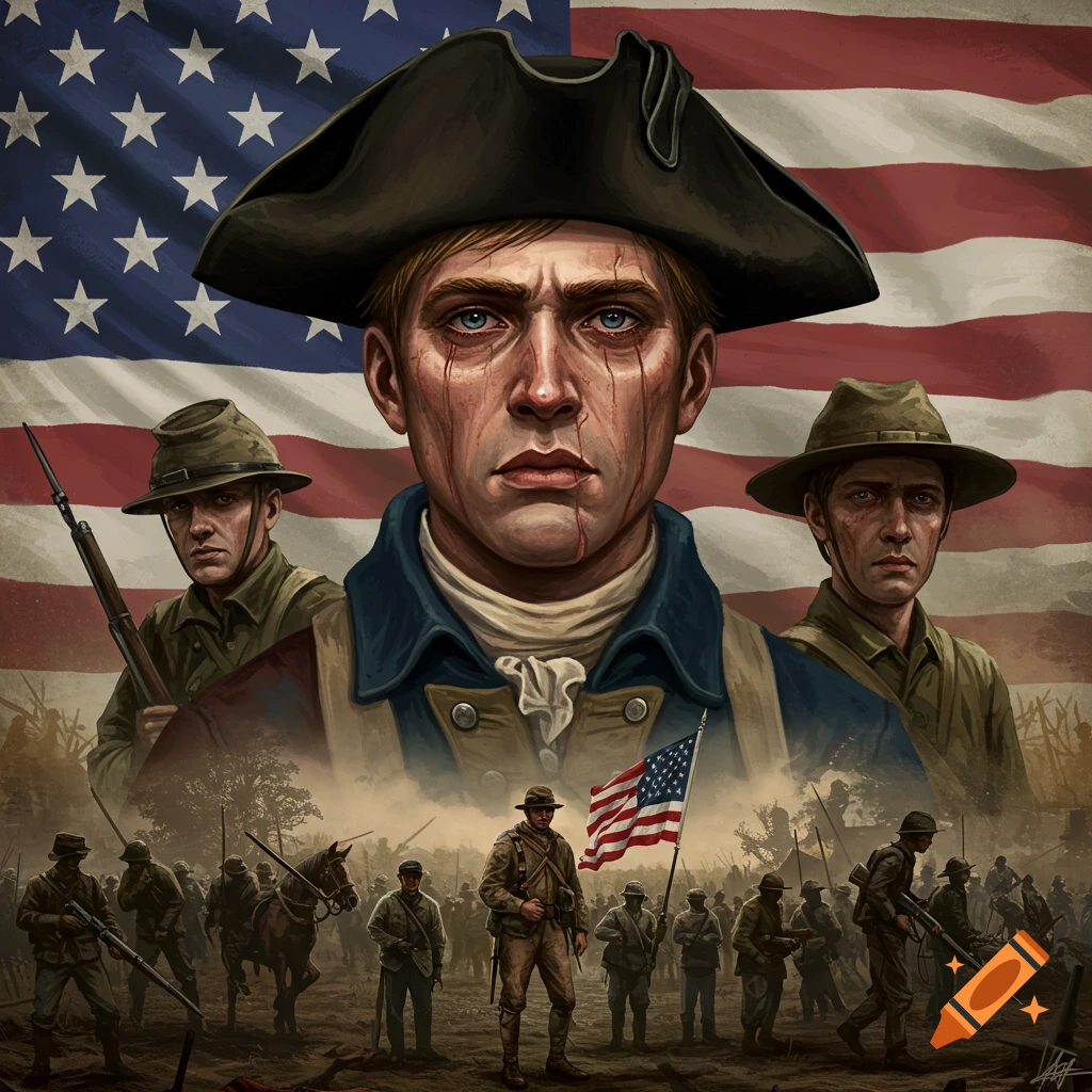 Image of three historical soldiers, US flag, and distant battle scene.