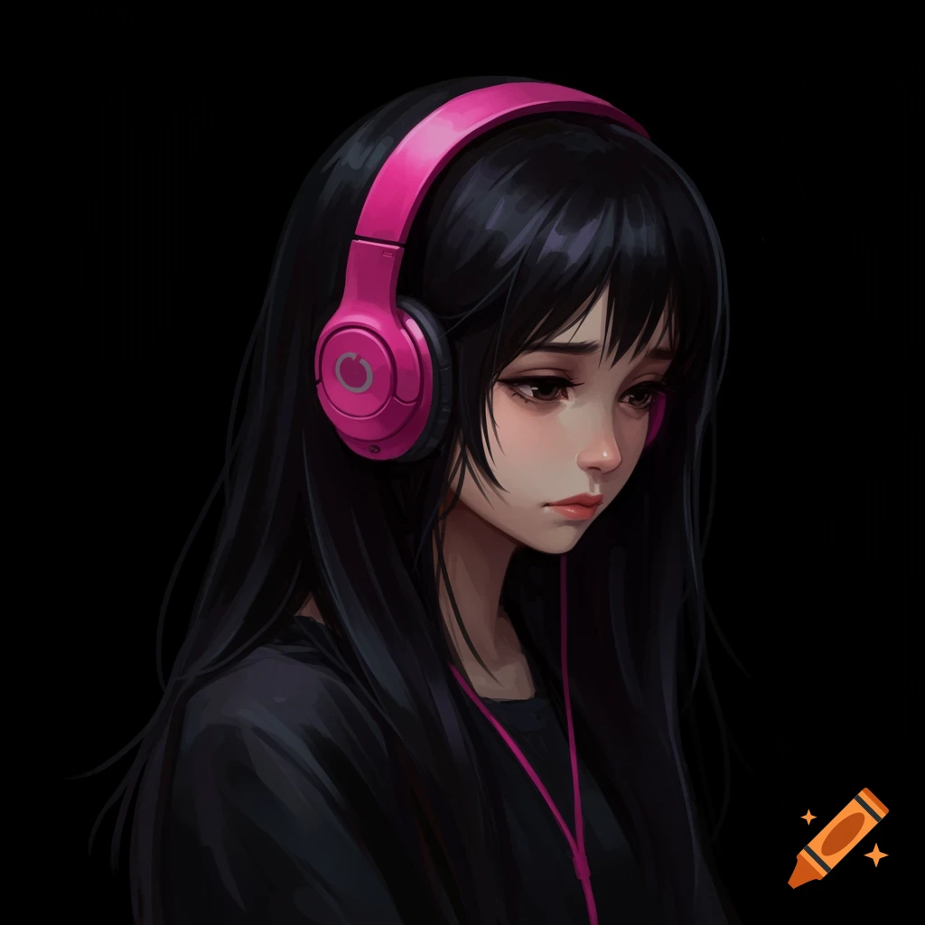A sad girl with long black hair and pink headphones sits on a black background.