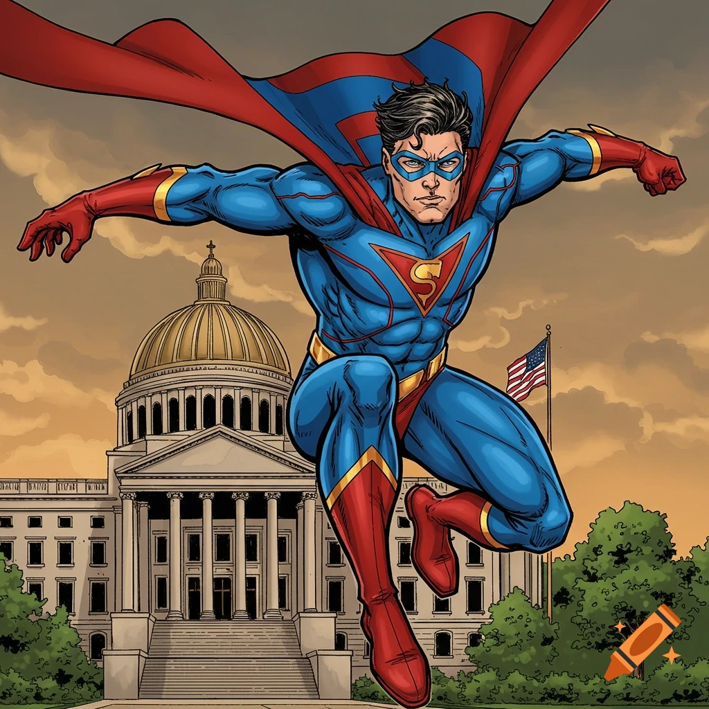 A superhero flies in front of a government building and American flag in comic book style.