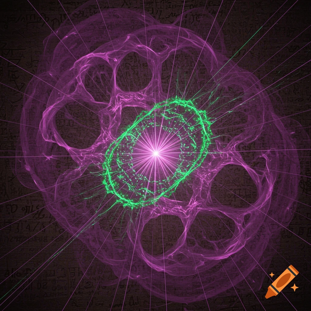 An abstract image of a glowing green core surrounded by purple shapes, with light rays and a textured background.
