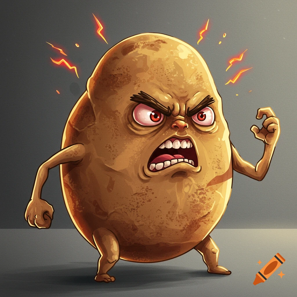 An angry cartoon potato character raising a fist.
