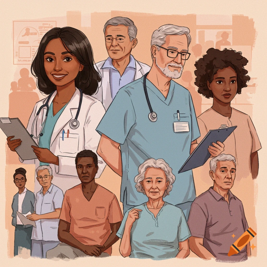 An illustration of diverse medical professionals and patients.