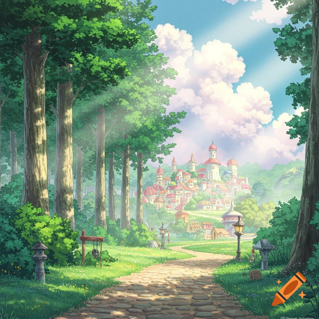 A path leads through a forest towards a town on a hill in a Ghibli-style landscape.