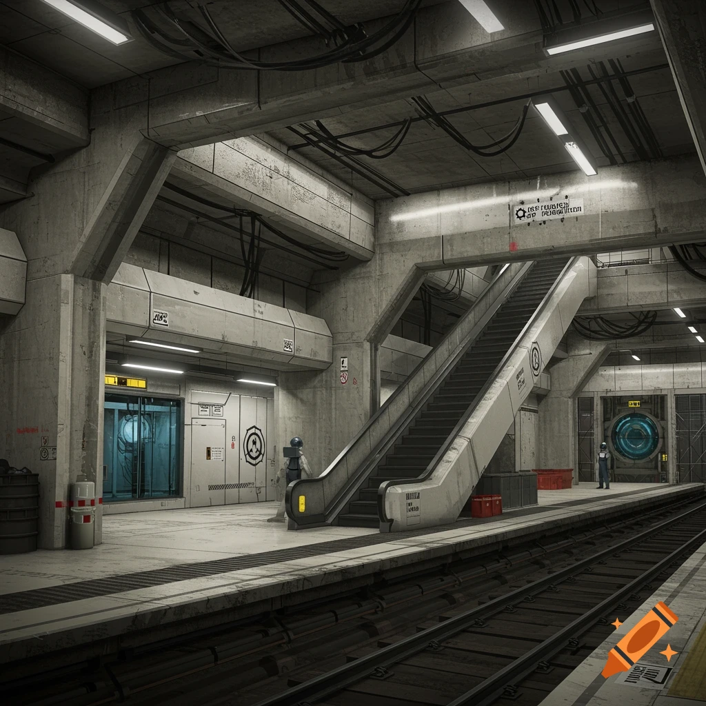 Brutalist sci-fi underground train station with escalator and tracks.