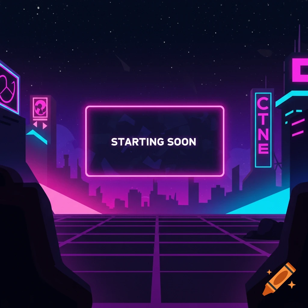 Retro synthwave style background with a neon cityscape at night and a glowing frame displaying "STARTING SOON".