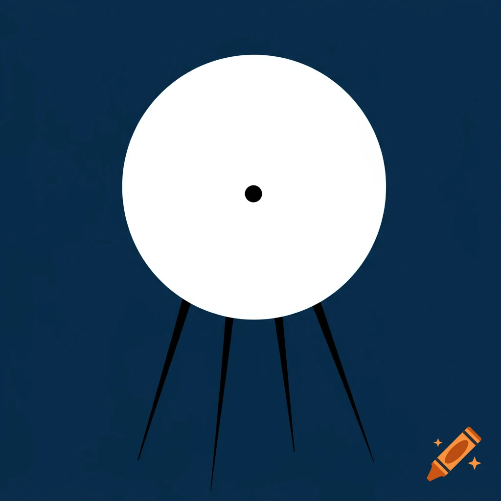 A white circle with a black dot in the center and thin black legs, on a dark blue background.