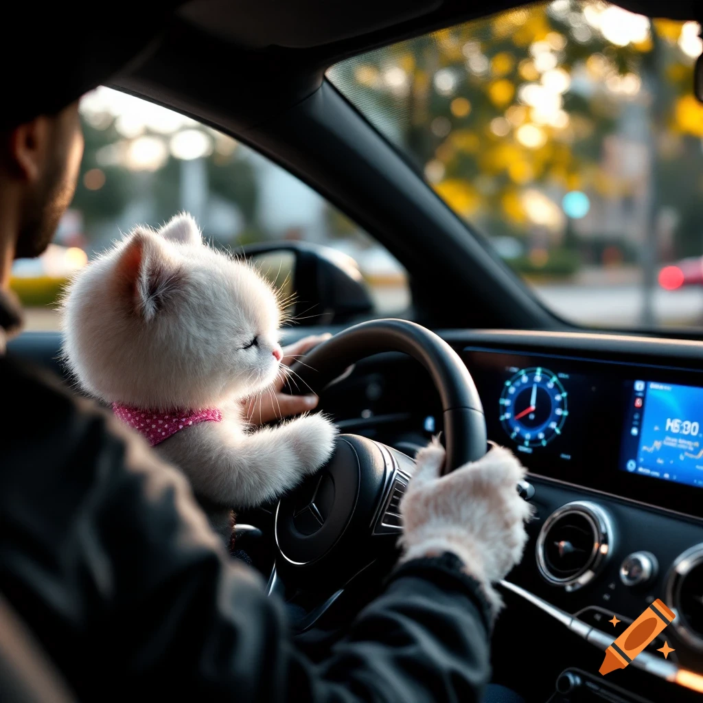 A fluffy white cat wearing a pink collar is sitting in the driver's seat of a car, holding the steering wheel. Photorealistic style.