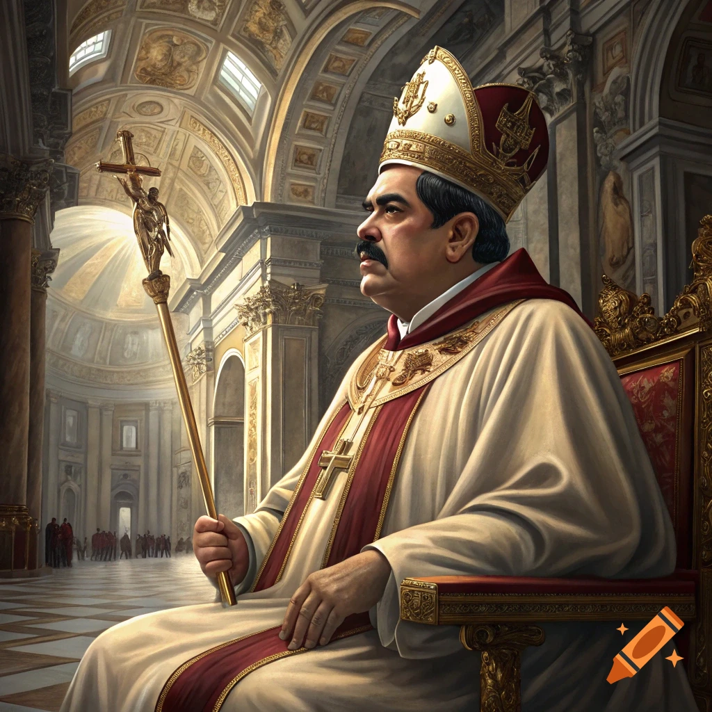 A man dressed as a Pope sits on a throne in a large church, holding a staff with a cross.