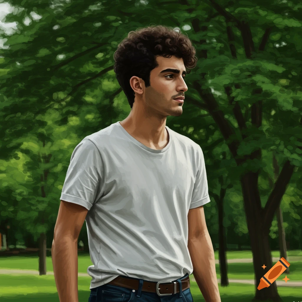 A young man with curly hair wearing a white t-shirt is standing in a park