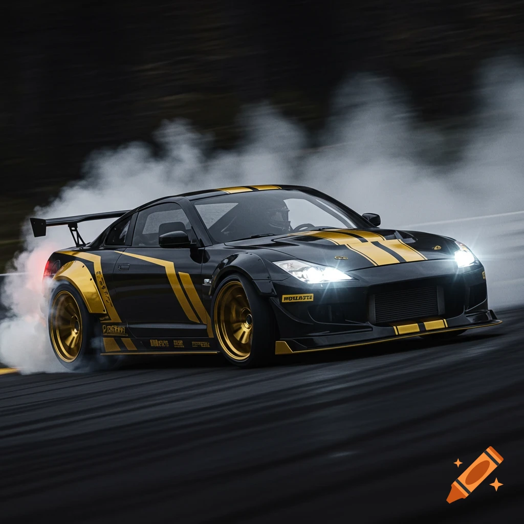 A black sports car with gold stripes drifts on a track, generating smoke.
