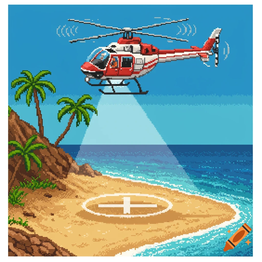 Pixel art of a red and white helicopter landing on a tropical beach with palm trees.