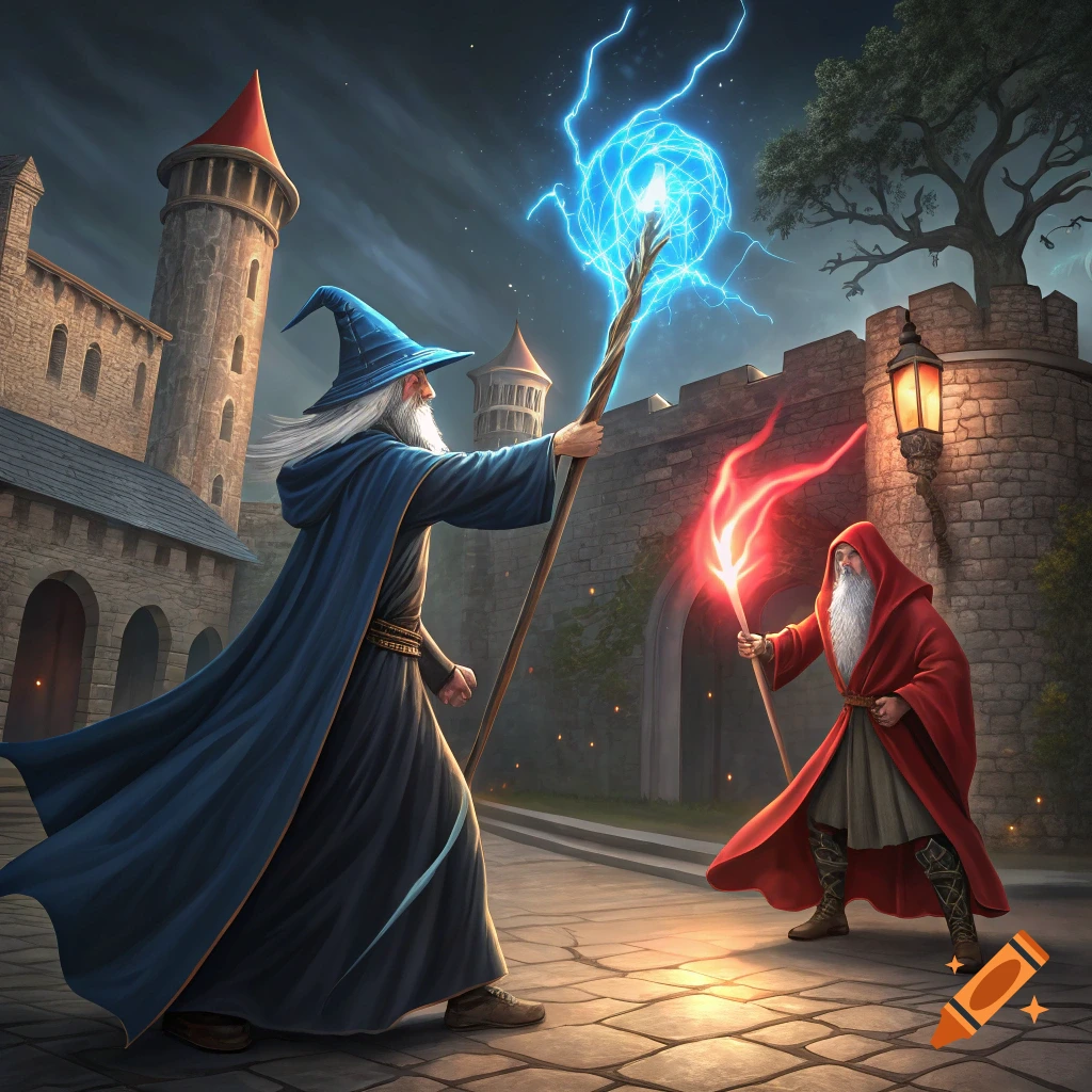 Digital art of two wizards dueling with blue lightning and red fire in a castle courtyard.