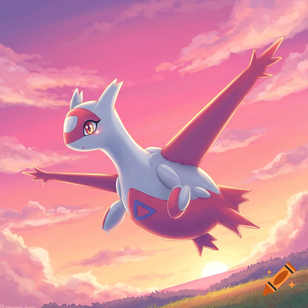 Latias flying through a pink and orange sunset sky.