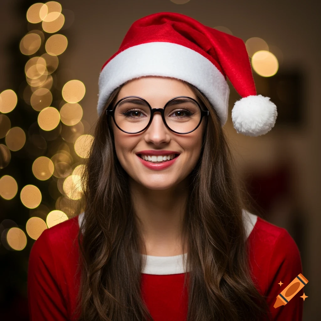 A young woman in a Santa hat and round glasses smiles in front of blurry Christmas lights.