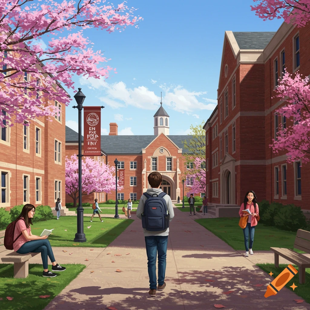 Students on a spring day university campus with cherry blossoms and red brick buildings.